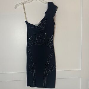 Little Mistress Black One-Shoulder Dress with Silver Accents